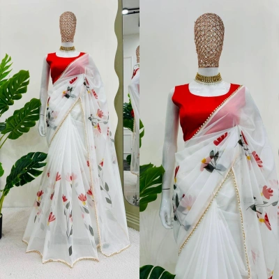 White Digital Print Tabby Silk Saree - Elegant Indian Wedding & Bridal Saree