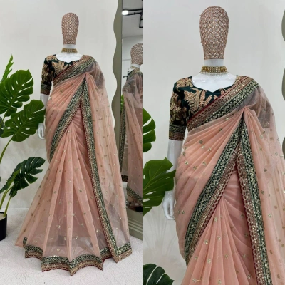 Light Peach Shimmery Tissue Silk Net Designer Saree