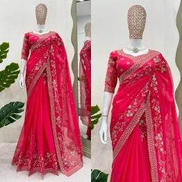 Elegant Pink Tabby Silk Thread & Sequence Work Wedding Saree