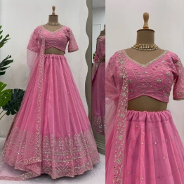 Queen Pastel Pink Georgette Thread With Sequence Work Lehenga Choli