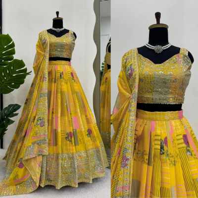 Queen Yellow Chinon Silk Lehenga Choli