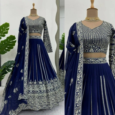 Queen Blue Charcoal Georgette Lehenga Choli with Intricate Thread Work