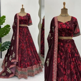 Queen Red Georgette Lehenga with Digital Print and Thread Work