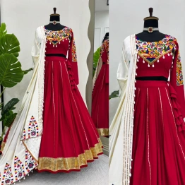 Stunning Red Color Rayon Lehenga with Chainstitch Work