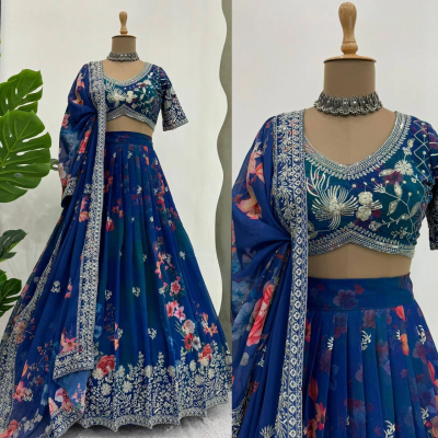 Queen Cyan Color Georgette Lehenga with Digital Print and Thread Work