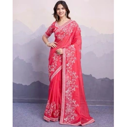 Pink Embroidered Tabby Silk Saree Set