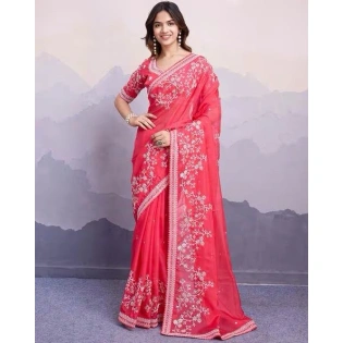 Pink Embroidered Tabby Silk Saree Set