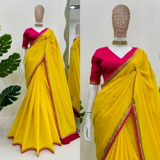 Yellow Mulmul Cotton Saree with Pompoms