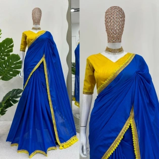 Blue Beauty Mulmul Cotton Saree with Pompoms