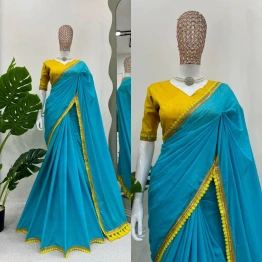 KINJAL Bluish Cyan Chic: Mulmul Cotton Saree with Pompoms