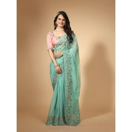 VIVERA Women Embroidered Cyan Organza Saree with Blouse Piece