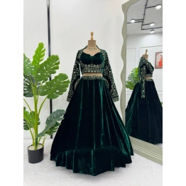 Queen Embroidered Green Velvet Lehenga Choli - Premium Ethnic Wear for Special Occasions