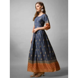 ARADHNA Denim Blue & Maroon Rayon Printed Anarkali Gown for Women