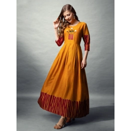 ARADHNA Mustard Yellow & Maroon Rayon Printed Embroidered Anarkali Gowns Set For Women