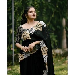 Binal Luxurious Black Embroidered Satin Chiffon Silk Saree with Stunning Embroidery