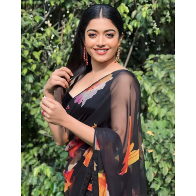 SHIV Rashmika Mandanna Black Georgette Digital Print Saree