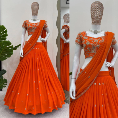 Queen Exquisite Orange Georgette Lehenga Choli with Sequence Work