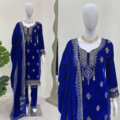 Riya Majestic Blue Color Velvet Georgette Embroidery Sequence Salwar Suit