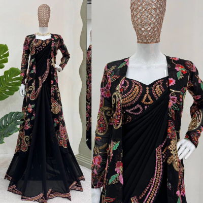 KINJAL Black Floral Embroidered Jacket Sari Set