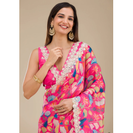 Binal Exquisite Designer Digital Print Threadwork Georgette Saree