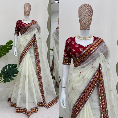 KINJAL Beautiful White Saree with Blouse Indian Designer Saree