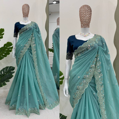 KINJAL Designer Crunchy Silk Saree with Sequence and Thread Work