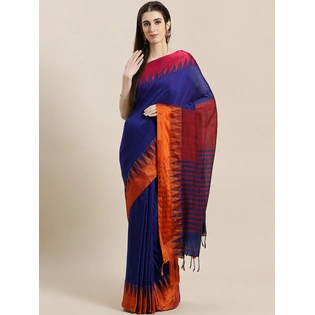 Blue & Orange Bengal Handloom Solid Taant Saree