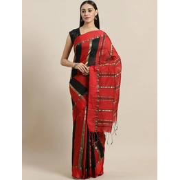 Red & Black Striped Bengal Handloom Taant Saree