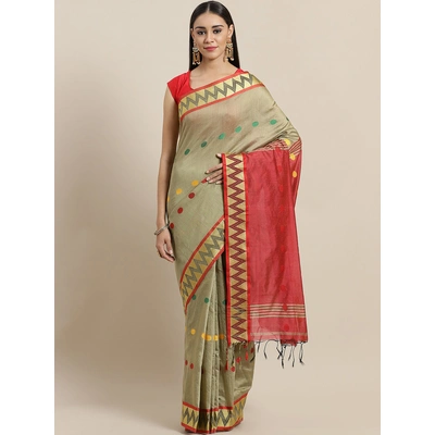 Green & Red Bengal Handloom Woven Design Taant Saree