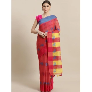 Red & Blue Woven Design Bengal Handloom Taant Saree