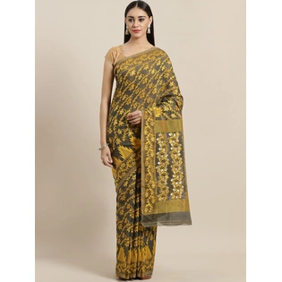 Charcoal Grey & Yellow Handloom Woven Design Taant Saree