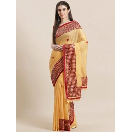 Cream-Coloured & Maroon Mirror Work Handloom Taant Saree