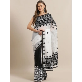 White & Black Embroidered Handloom Taant Saree