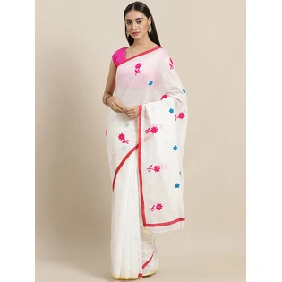 White & Pink Handloom Embroidered Taant Saree