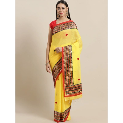 Yellow & Black Handloom Embellished Taant Saree