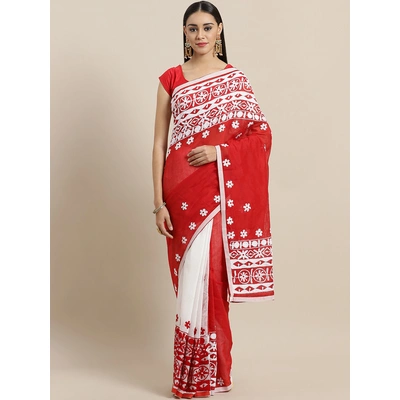 Red & White Phulkari Embroidered Taant Handloom Saree