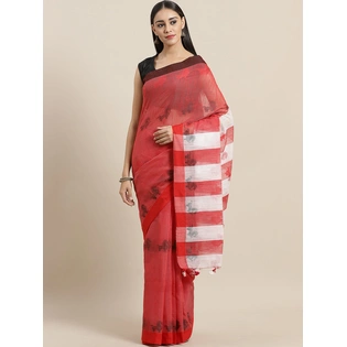 Red & White Handloom Woven Design Taant Saree