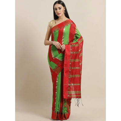 Red & Green Handloom Striped Taant Saree