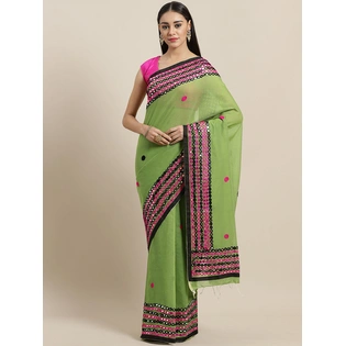 Green & Pink Handloom Embroidered Taant Saree