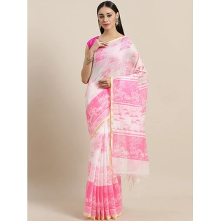 White & Pink Handloom Printed Taant Saree