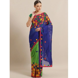 Blue & Green Embroidered Handloom Taant Saree