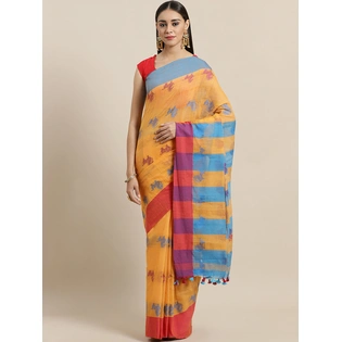 Mustard Yellow & Blue Handloom Woven Design Taant Saree