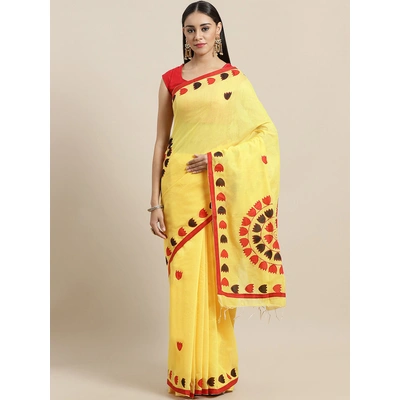 Yellow & Red Bengal Handloom Solid Taant Saree