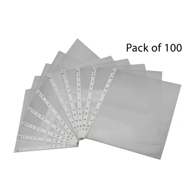 Keny Stationery Transparent Sheet Protectors | Pack of 100 | B4 Size Leaf | Clear Top Loading 11 Hole Water Proof Document Sleeves | Thin 80 Microns (810 SPB4 80)