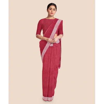 Bhagalpuri Red Cotton Linen Saree with Silver Zari Border