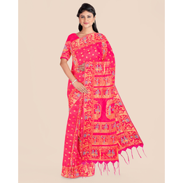 Baluchari Silk Blend Saree with Blouse Piece (Pink)