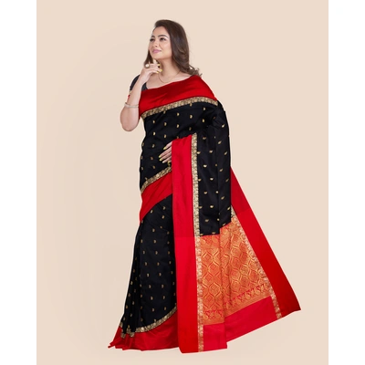 Black with Red Border Garad Kanchipuram Style Golden Zari Work Silk Blend Saree with Blouse Piece