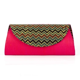 Handcrafted Magenta Dupion Silk Ajrakh Clutch