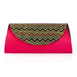 Handcrafted Magenta Dupion Silk Ajrakh Clutch