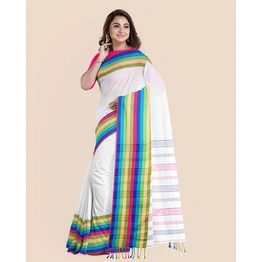 White Handwoven Cotton Santipuri Multicolor Mahapaar Saree with Blouse Piece